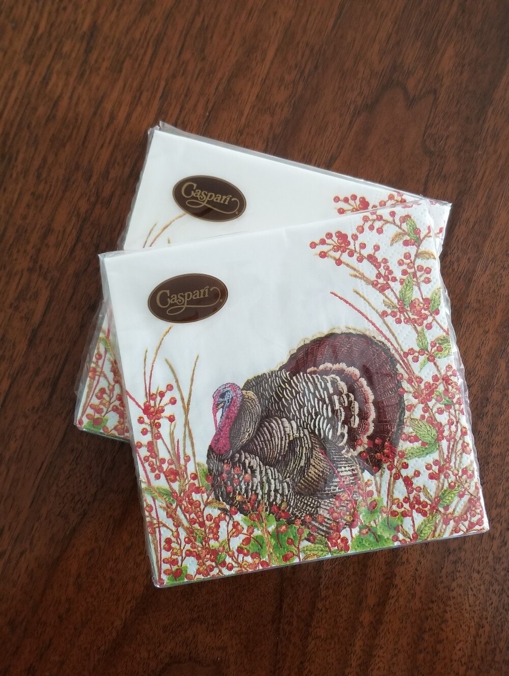 Caspari Paper Cocktail Beverage Napkins "Turkey and Berries" - 2 Packs of 20